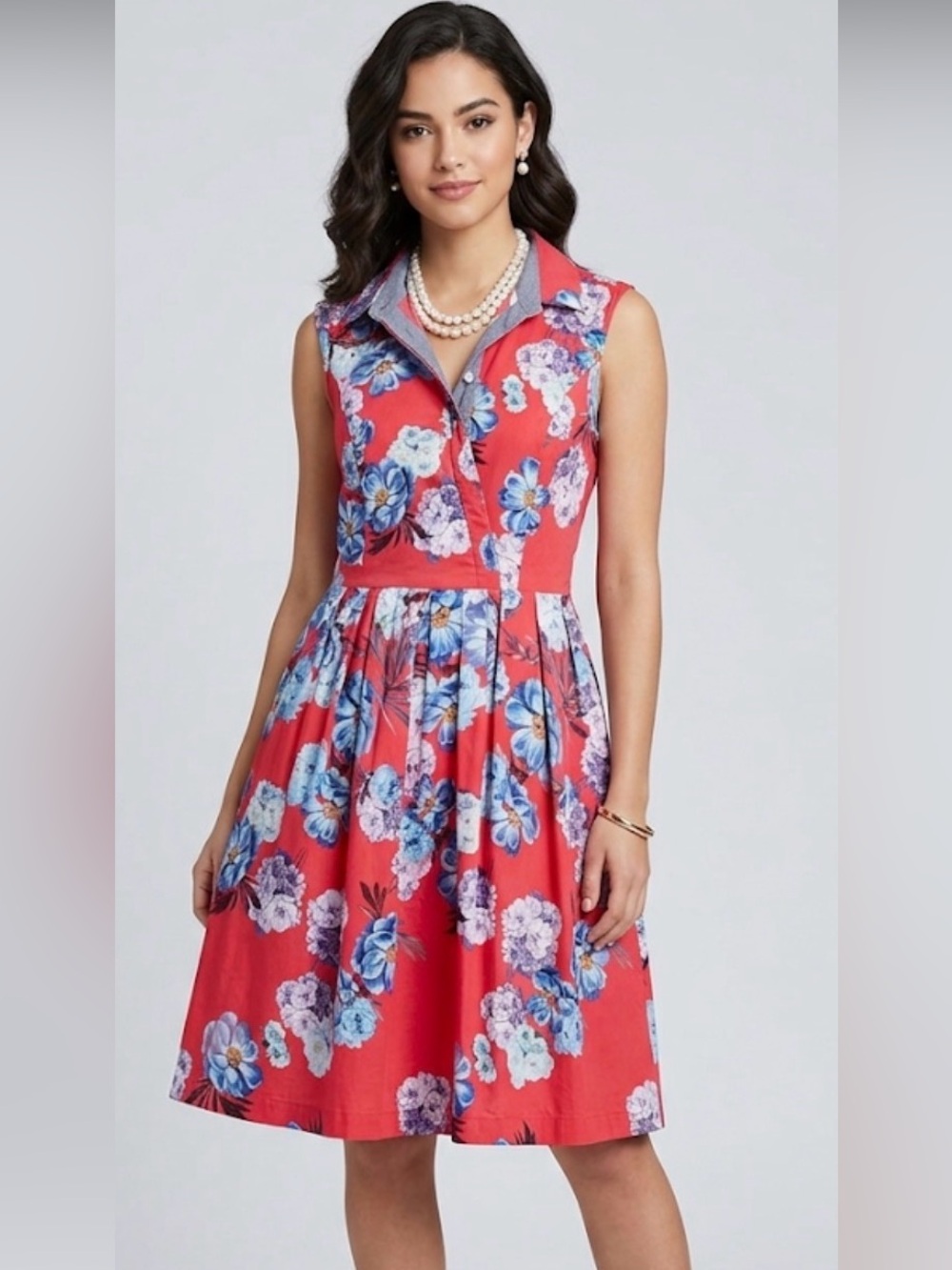 Ellen Tracey Retro Style Tomato Girl Aesthetic Floral Red Blue Fit & Flare